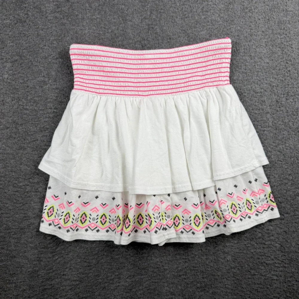 Justice Girls White Tiered Ruffle Skort Pink Tribal Print Smocked Waist‎ 18/20